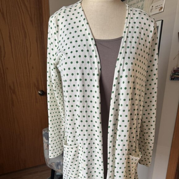 White and green polia dot LULAROE CAROLINE cardigan sweater SIZE Medium - Picture 1 of 5